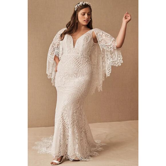 BHLDN Odalis Cape-Sleeve Deep-V Lace Wedding Gown - 18 - Picture 1 of 8